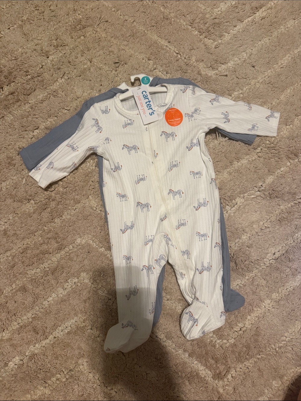 Carter's White Zebra Ribbed Footed One-Piece & Blue Solid Sleepers (2-Pack)